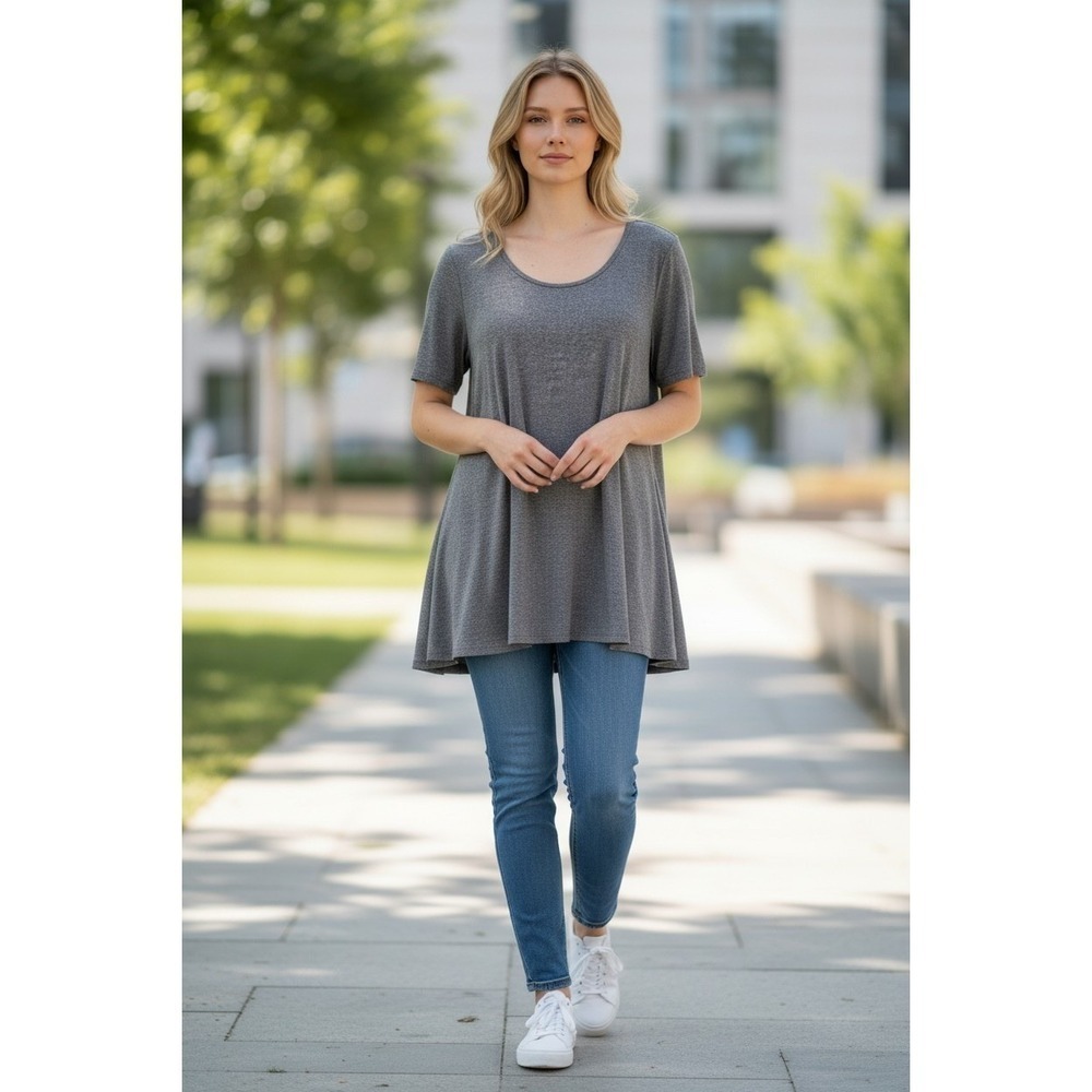LuLaRoe Perfect-T Top Lg Womens Heathered Grey A-Line Tunic Short Sleeve Scoop